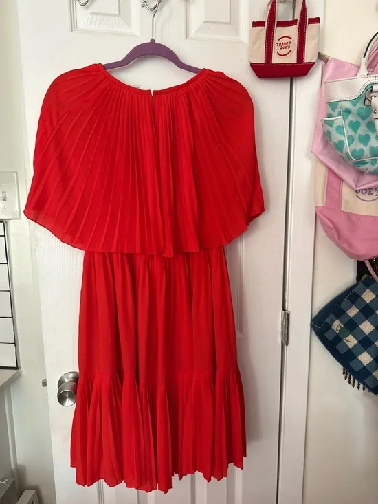 Kate Spade Red Pleated Cape Sleeve Midi Dress - Picture 7 of 11